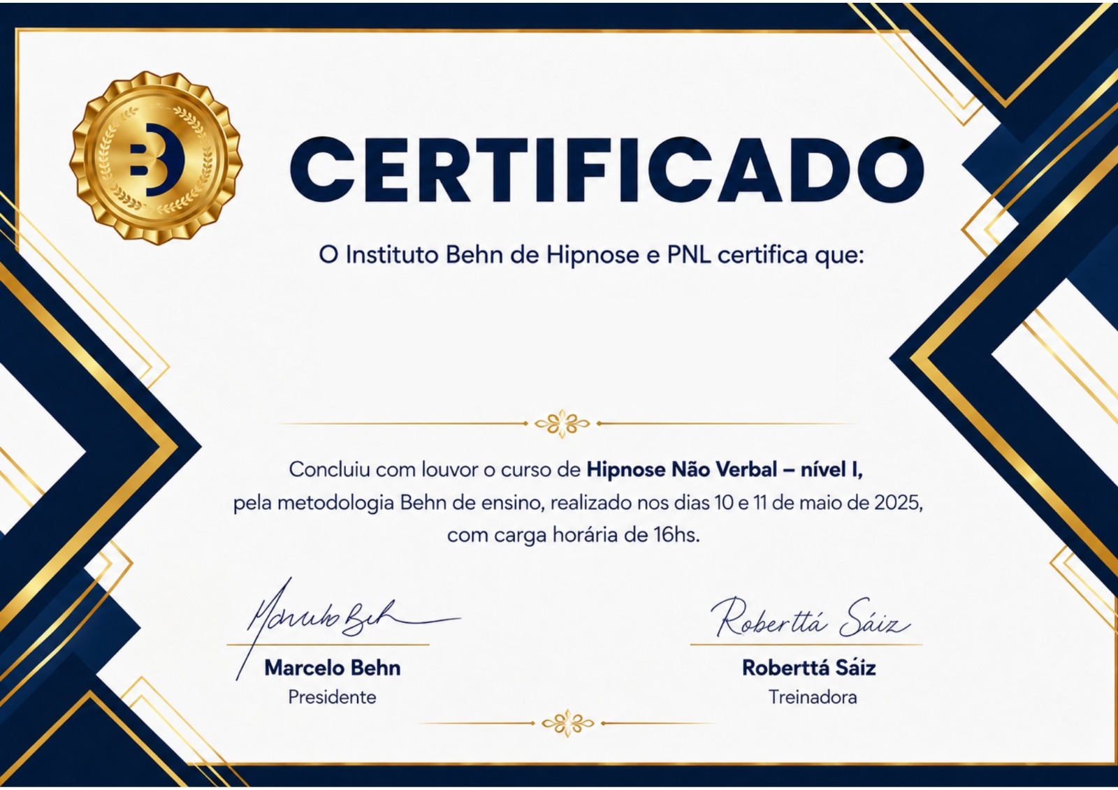 Modelo de certificado da Formação em Hipnose Não Verbal emitido pelo Instituto Bhen